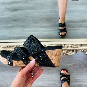 Elegant Black Beaded Wedge Sandals